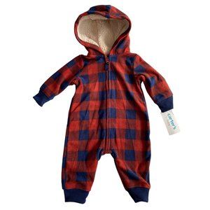 Carters Baby Boy Hooded Jumpsuit Red Navy Buffalo Check Sz 6M